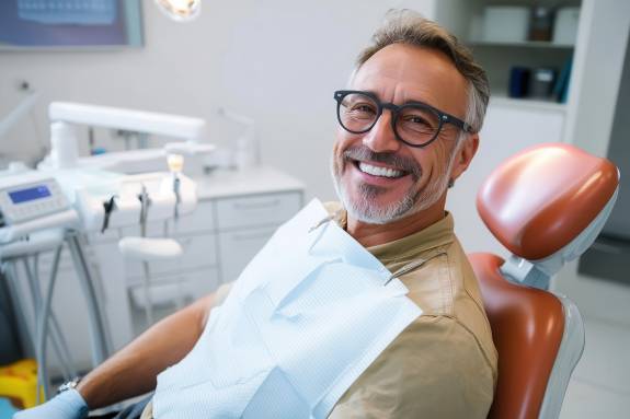 Mann mit Brille sitzt auf dem Behandlungsstuhl (KI-generiert)
